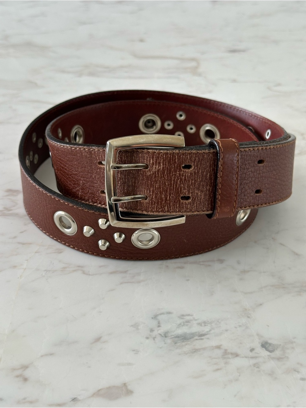 Burberry Vintage Brown Leather Belt with Silver Grommet and Studs